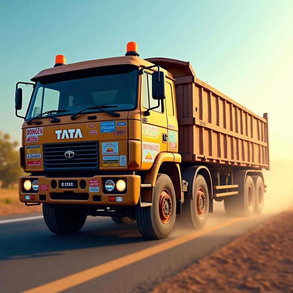 A powerful Tata Signa 4825C Dumper truck driving through an off-road construction site in Bus Simulator Indonesia. The truck has a high chassis, large wheels, realistic headlights, and a yellow dumper body, surrounded by dust and rocky terrain with trees and hills in the background.